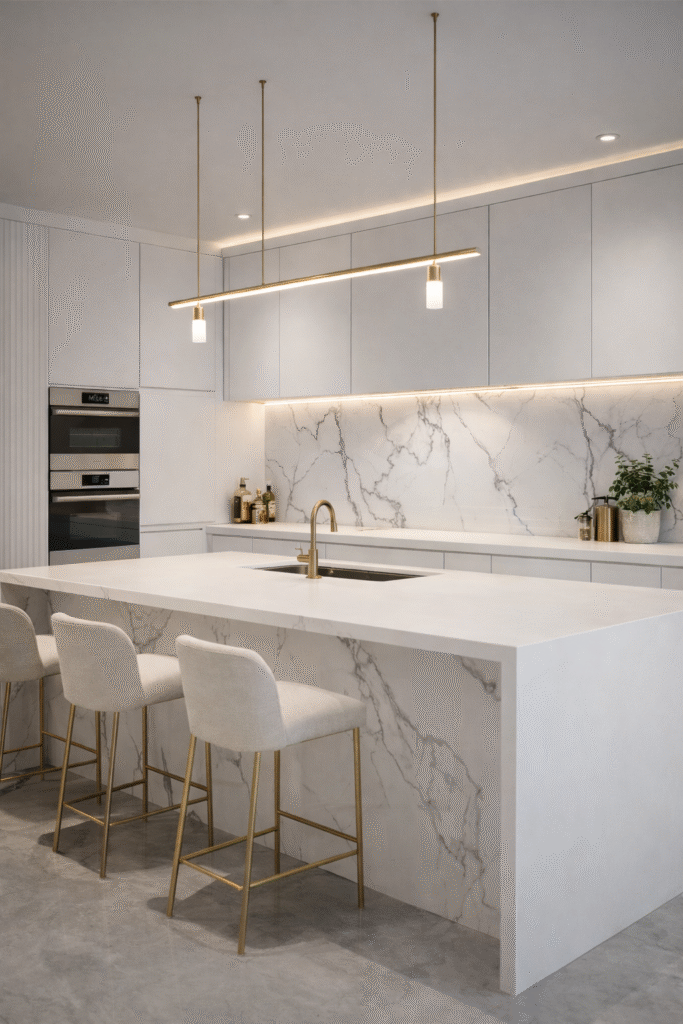 Une cuisine lumineuse avec une crédence effet marbre blanc