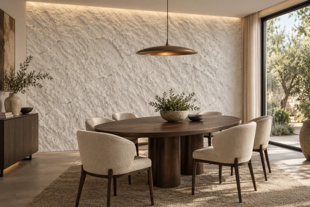 Un mur en panneaux 3D effet roche dans une salle à manger