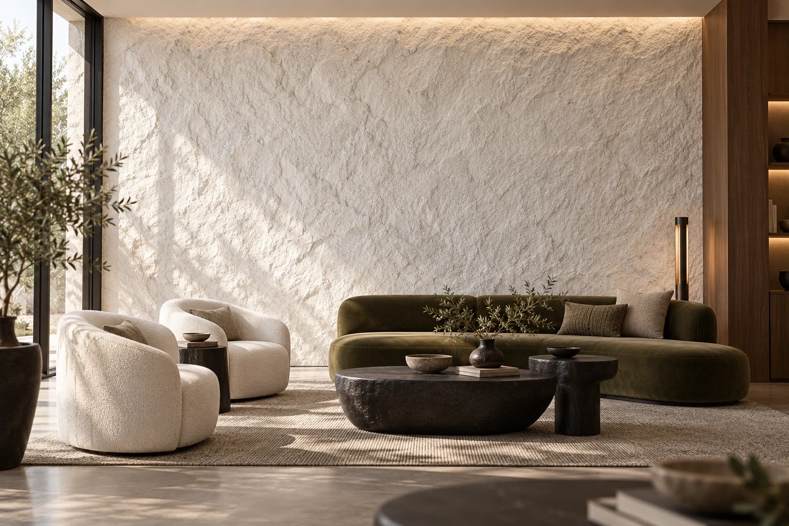 Idée déco : mur en panneaux 3D effet roche dans un salon