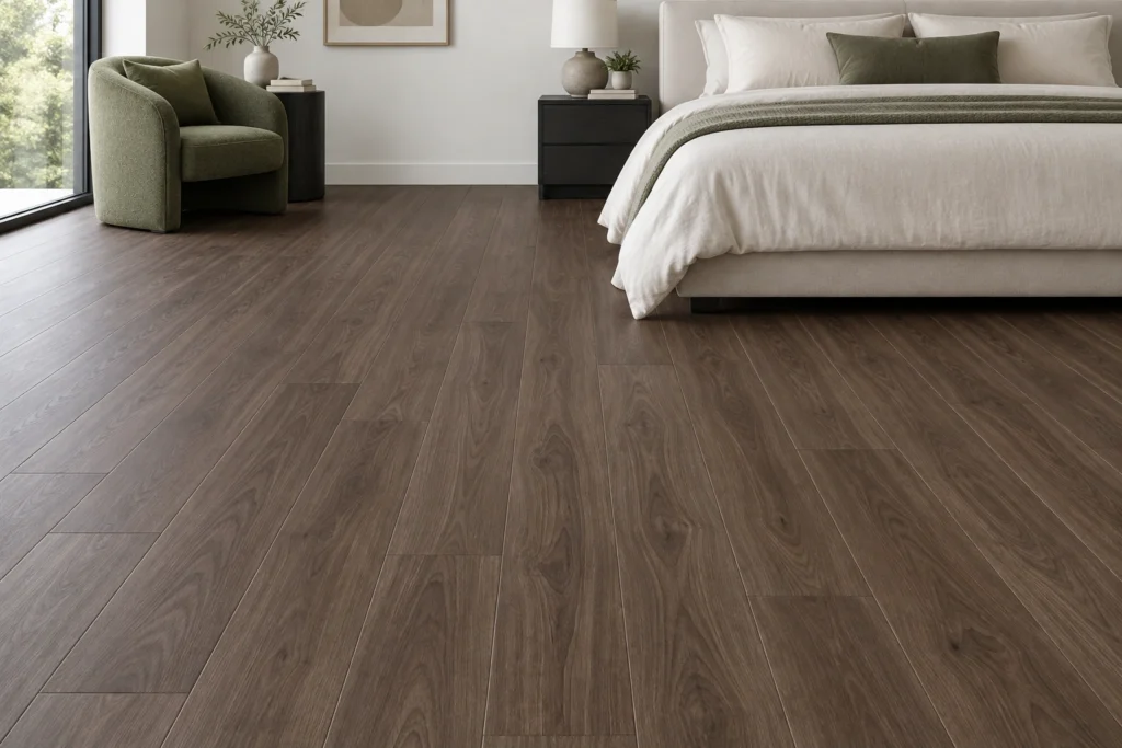 Une chambre avec un parquet PVC SPC brun profond