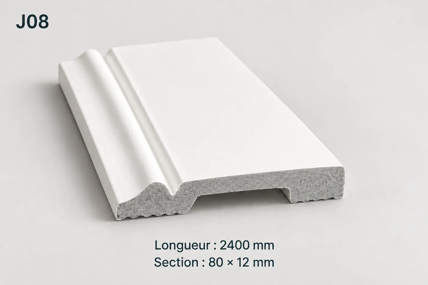 Plinthe blanche 80 × 12 mm réf. J08 : profil et dimensions