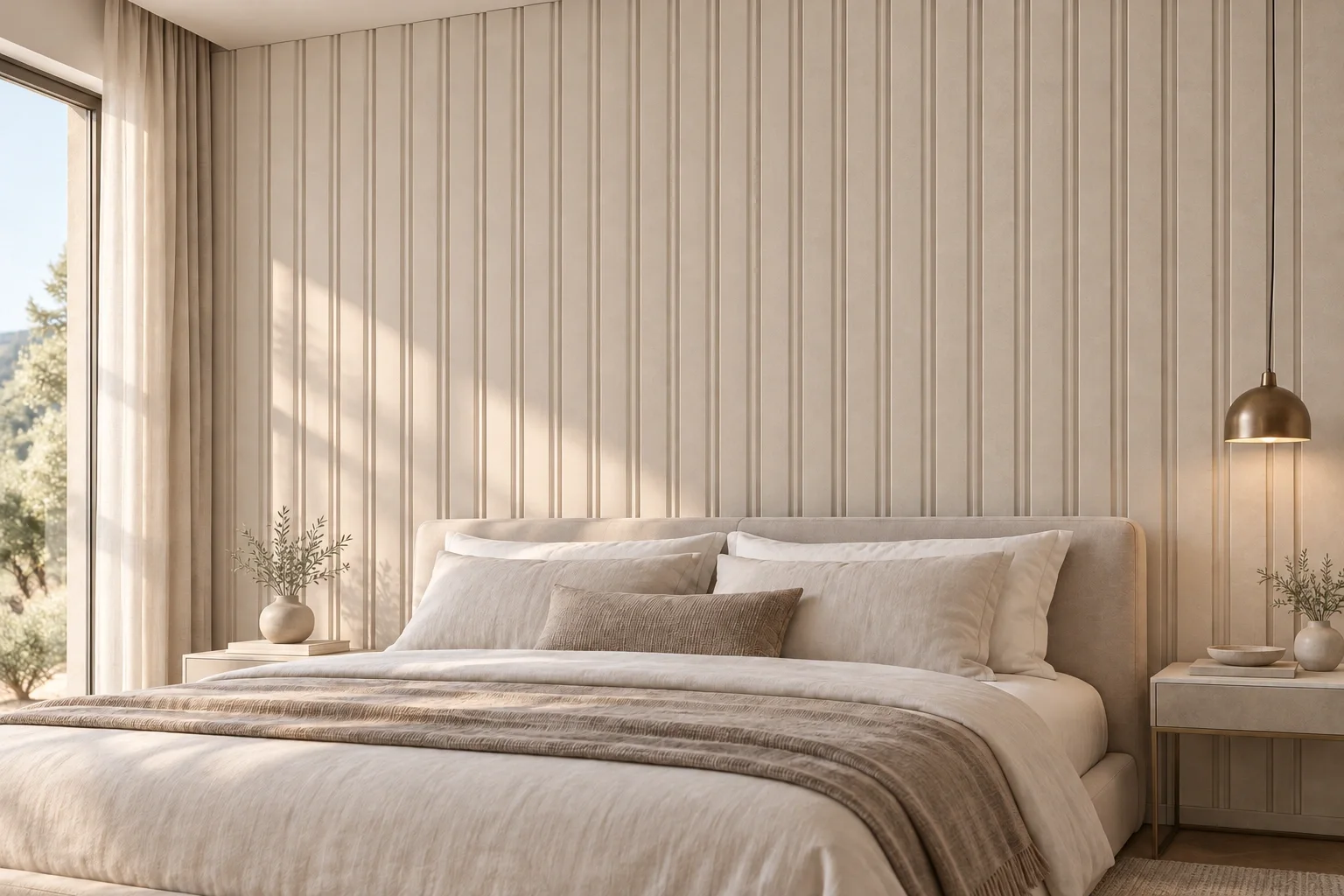 Tête de lit en tasseaux PVC beige minéral