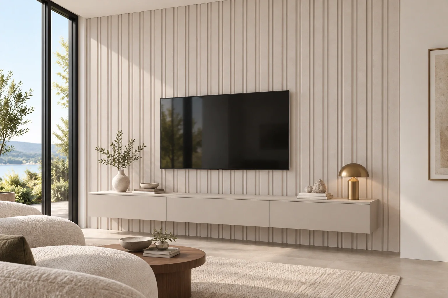 Mur de tasseaux PVC beige minéral dans un salon